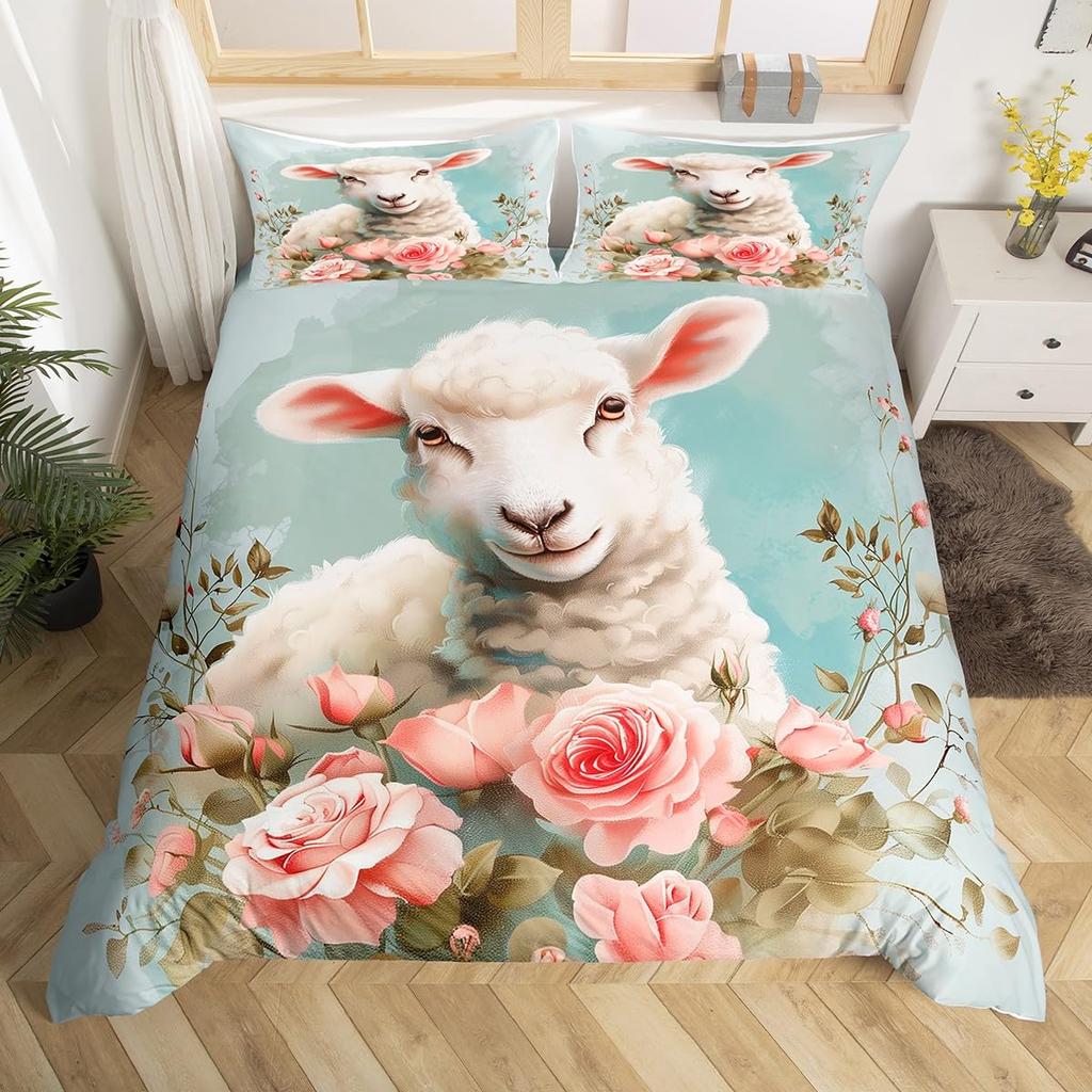 Cute Sheep Duvet Cover King Queen Funny Animal Floral Bedding Set Kids Cartoon Farm Animal Comforter Cover Polyester Quilt Cover