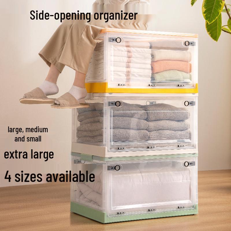 Side-Opening Transparent Storage Box with Lid for Clothes, Toys, and Books - Large Plastic Organizer for Wardrobes.