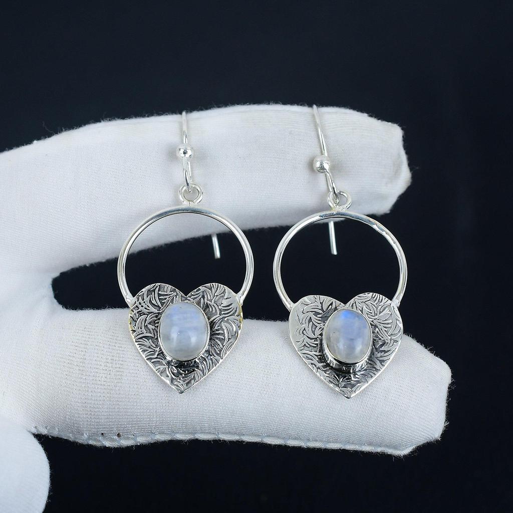 Natürliche Regenbogen Mondstein Herz Form Ohrringe, 925 Sterling Silber Ohrringe, Handgemachte Boho Silber Schmuck Ohrhänger, Verlobungsgeschenk