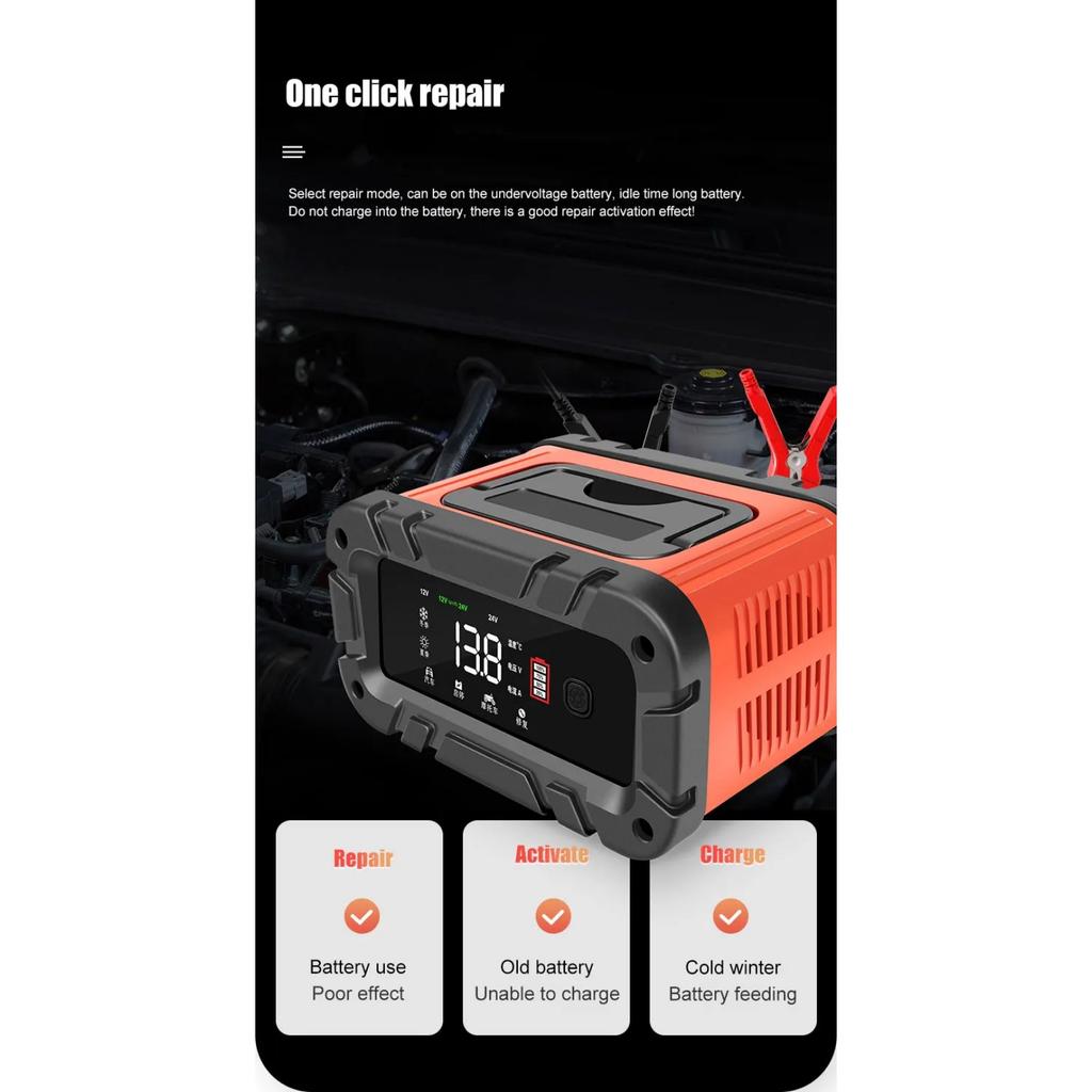 7-Segment 10A/5A/6A Car Motorcycle Charger 12V/24V Smart Charger Lithium AGM GEL Lead-Acid LiFePO4 Battery Charger for Car