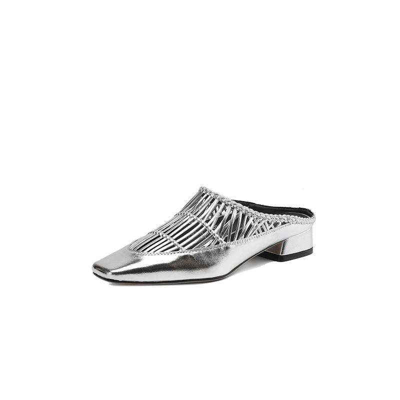 Fashion NEW Summer Women Mules Split Leather Shoes Women Square Toe Chunky Heel Shoes Cover Toe Slingback Sandals Weave Modern Slippers