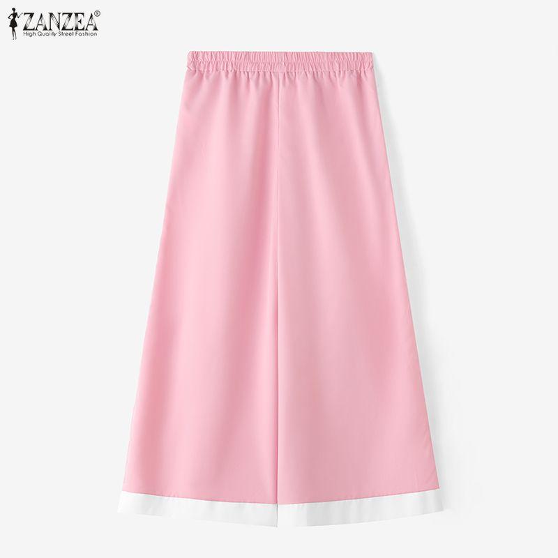 ZANZEA Women Casual Elastic Waist Solid Color Loose Wide Leg Pants