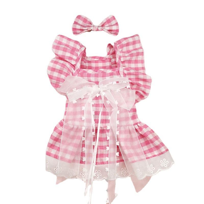 Spring/Summer Plaid Bow Dog Dress Breathable Dog Skirt Lace Princess Plaid Dress Cat Bilegged Pet Apparel Dog Dresses Dog Cloth