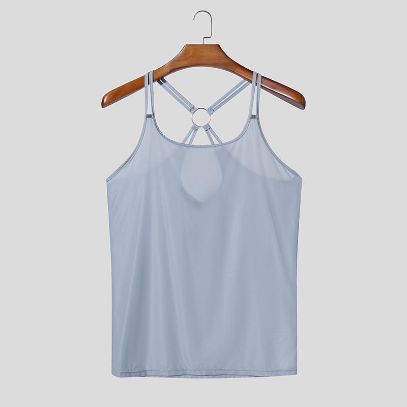 INCERUN Men Sleeveless Strap Sexy Party Club Semi-Sheer Fitted Tank Tops Undershirts XL синий