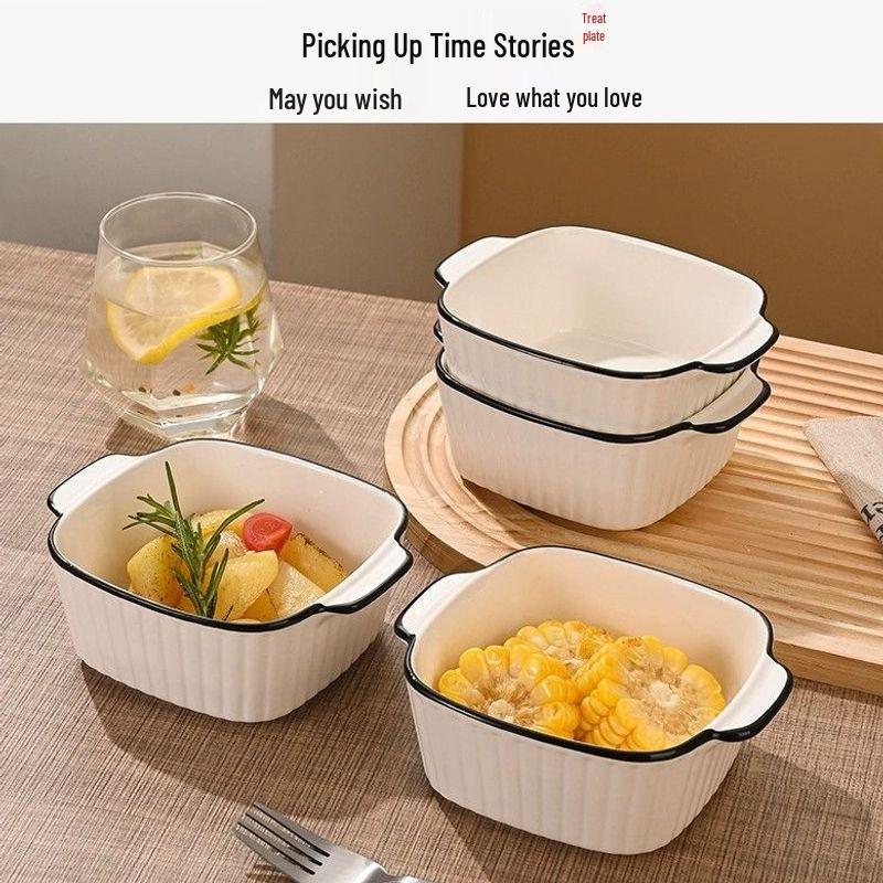 Double-Ear Ceramic Rice & Soup Bowl, Microwave-Safe, Anti-Scald, Thick Design