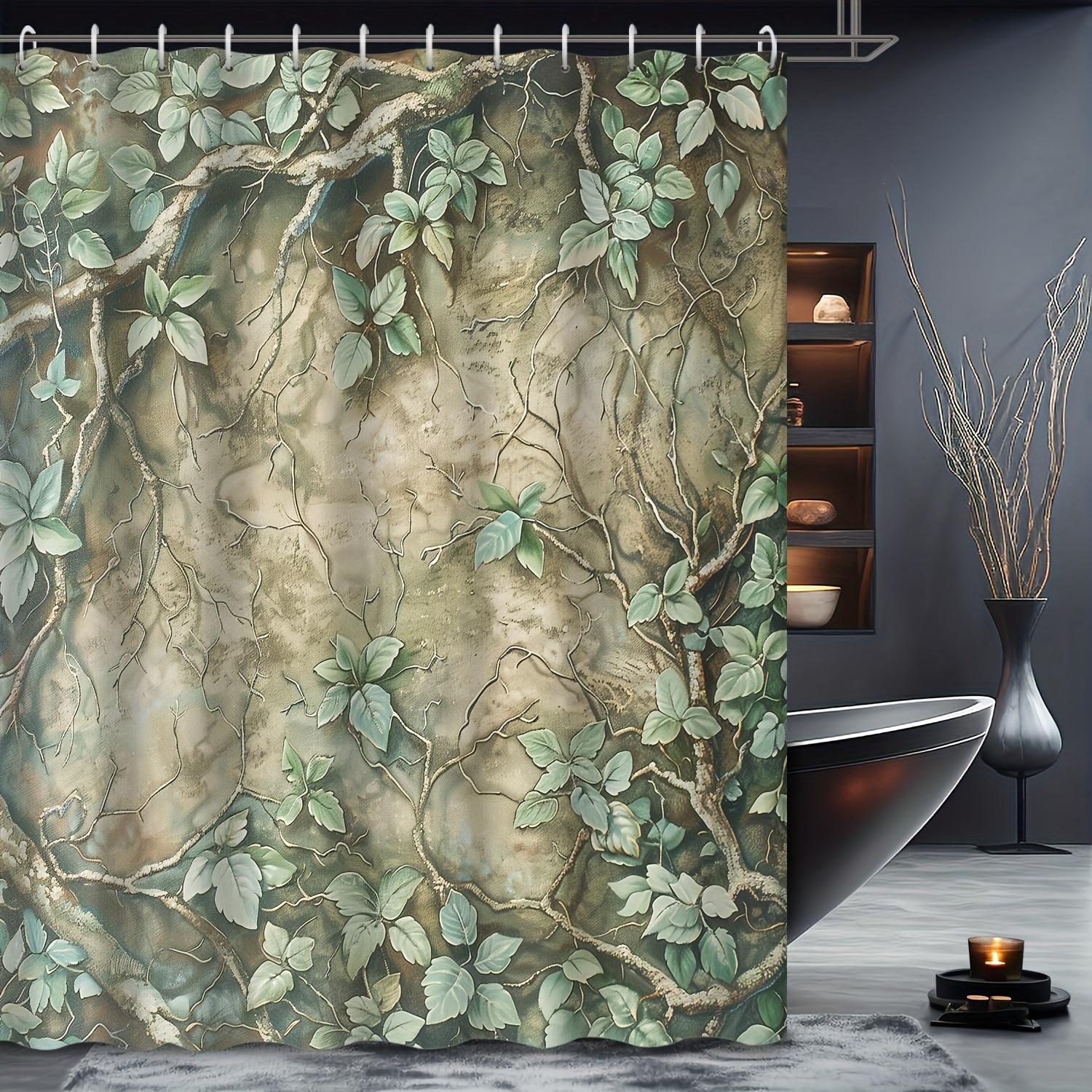 Textile Article Green Vintage Floral & Dead Tree Branch Shower Curtain - Leaf Pattern, 12 Hooks