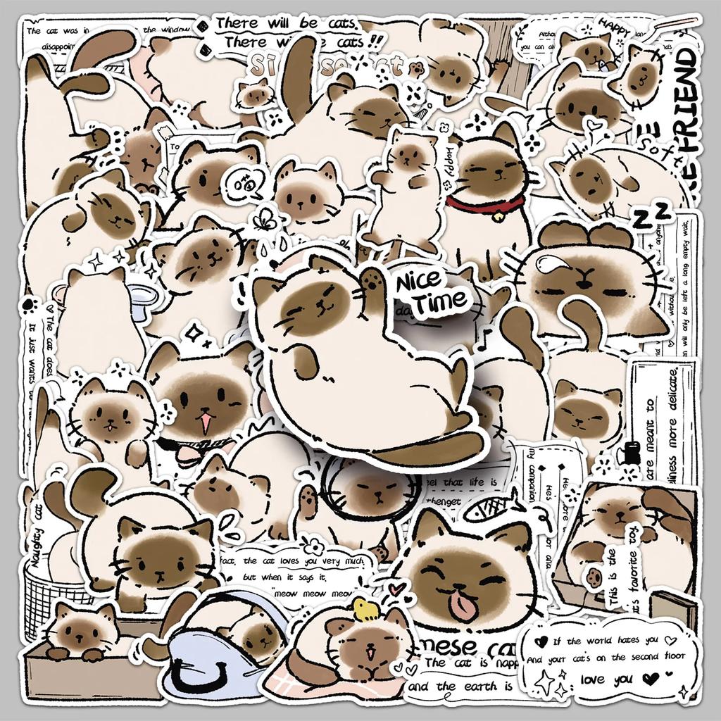 50Pcs Kawaii Siamese Cat Anime Stickers Cartoon Decals Guitar Laptop Skateboard Luggage Phone Waterproof Kid Gift Sticker