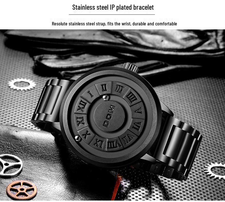 DOM Black Technology Men's Waterproof Quartz Watch with Roman Numeral Dial and Steel Ball Magnetic Levitation.