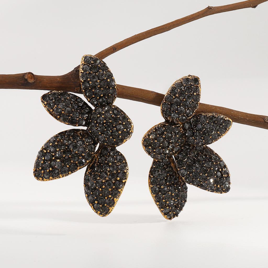 Übertriebene Strass-Blatt-Steckohrringe für Damen, Vintage Gothic Schwarzer Zirkon Kristall Blume Ohrringe, Party Schmuck Geschenke