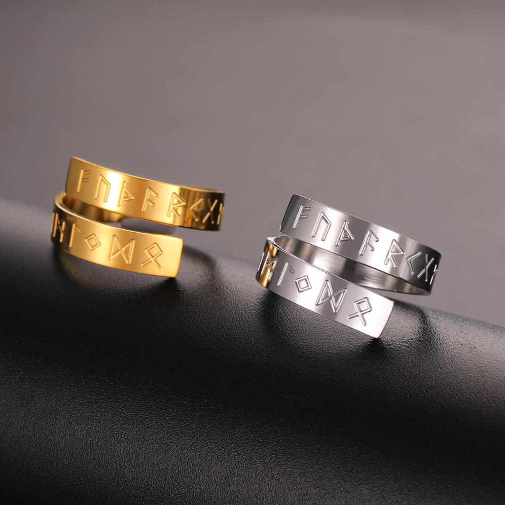 Viking Norse Runes Adjustable Ring for Men Women Stainless Steel Vintage Couple Jewelry Gift Amulet