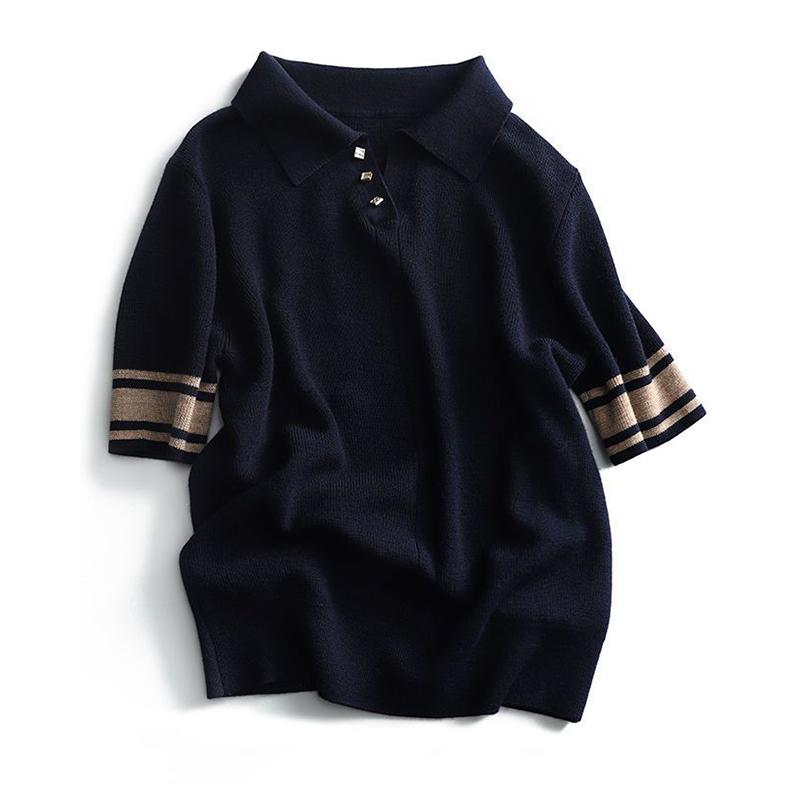 Summer New Polo-neck Patchwork Slim Knitting T-shirt Female Short Sleeve Simple All-match Pullover Top Women Vintage Jumpers Tee