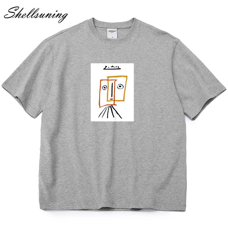 Shellsuning Cartoon Printing T-shirt Women Summer Fashion Casual Simple Short Sleeve 100% Cotton Soft Tees Female Oversized Basic Couple Tops