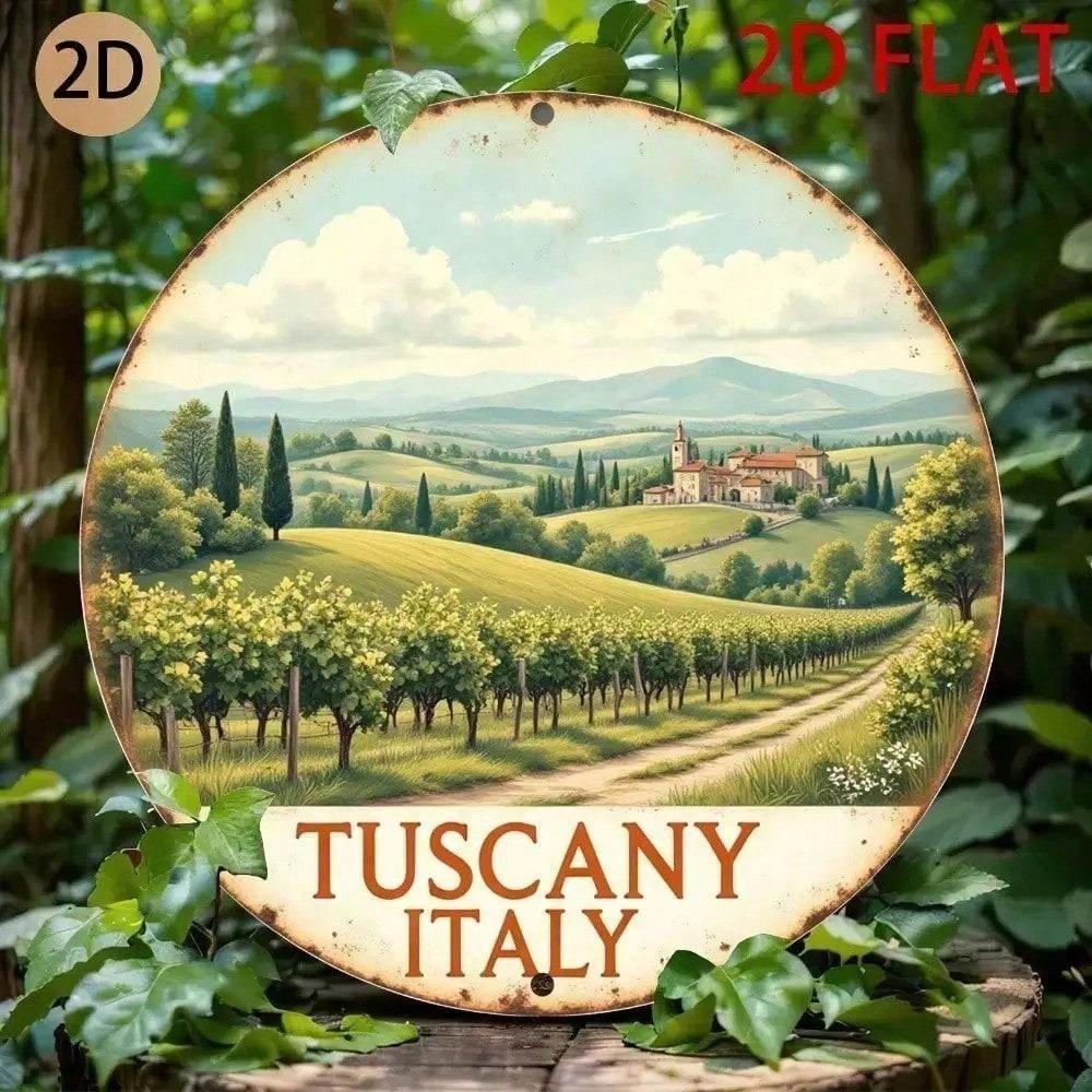 Vintage Tuscan Landscape Metal Round Wall Art Rustic Farmhouse Circle Decor for Living Room Bedroom