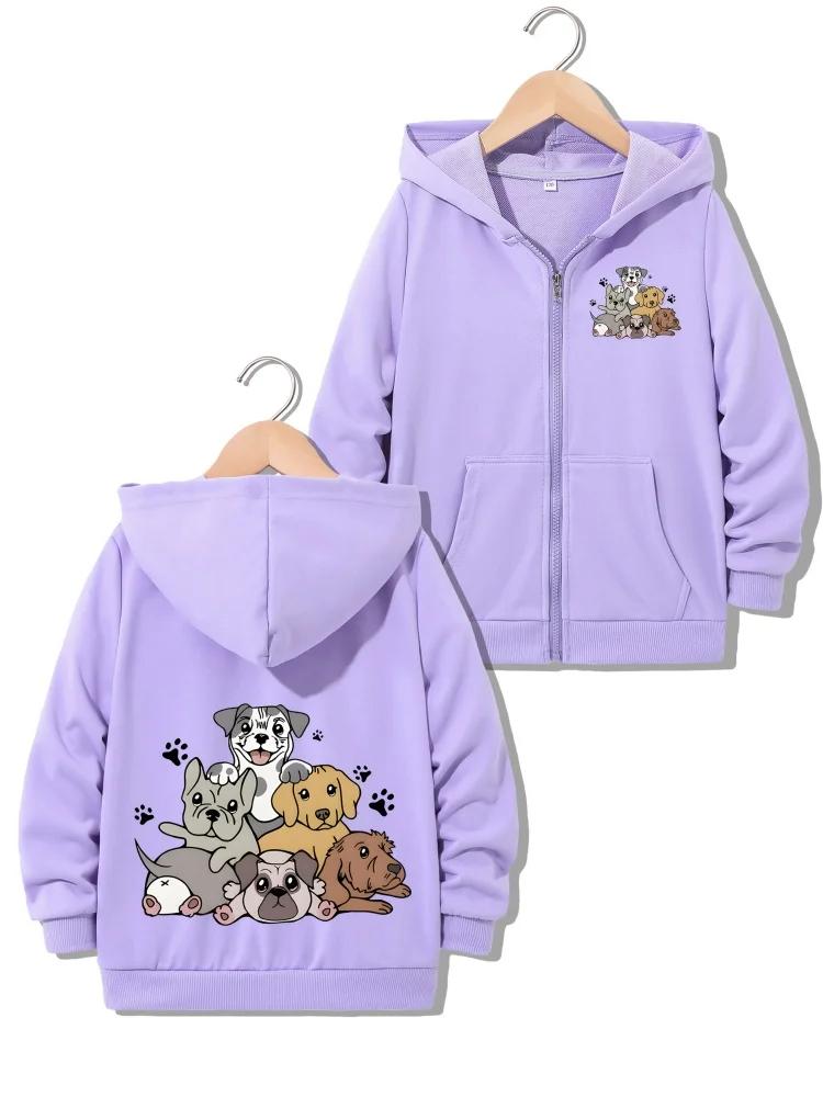 Children Full Zip Hooded Sweatshirt Multiple Dog Breeds Graphic Loose Daily Outerwear With Front Pocket