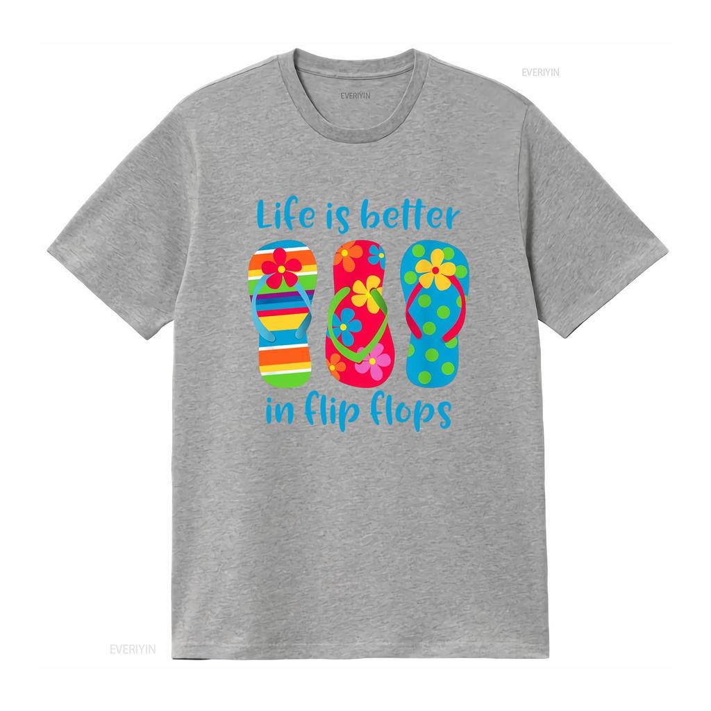 Funny Cartoon Summer Beach Flip Flops Life Is Better Slogan Print Casual T Shirt vintage Washed Top For Everyday Wear
