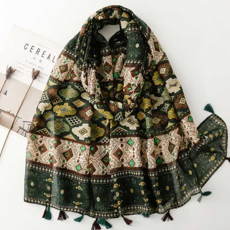

Богемный геометрический шарф из хлопка и льна: Темная шелковистая шаль от солнца для путешествий 180*88 зелёный