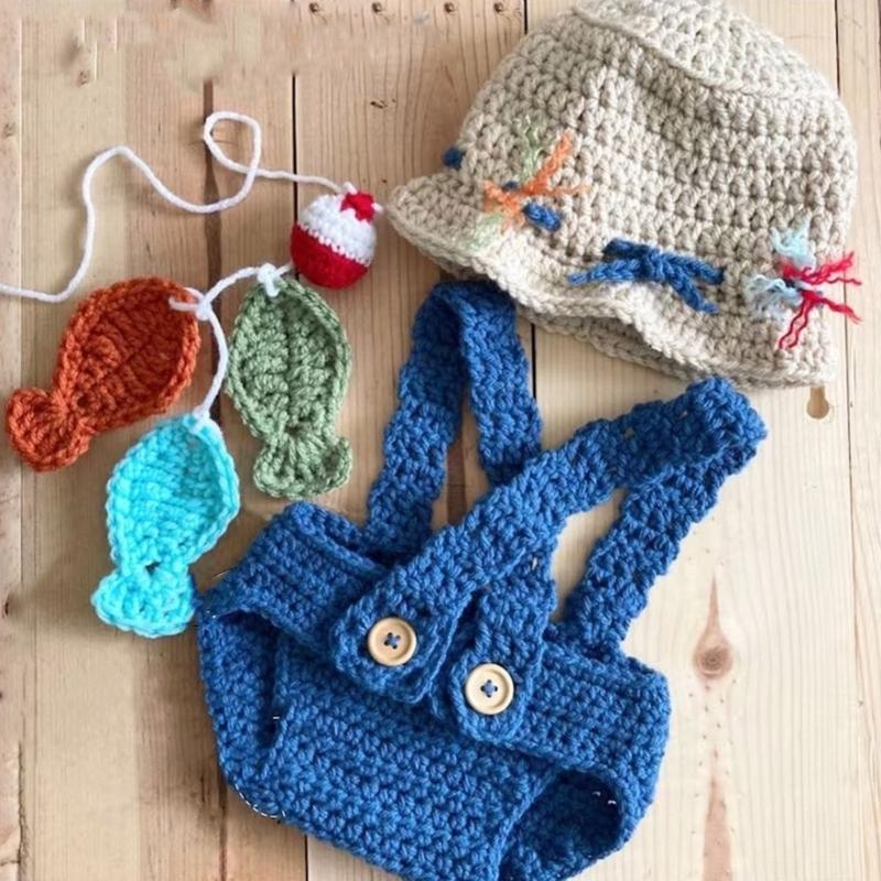 Baby Fotografie Requisiten Gestrickter Strampler und Hut Set Fischer Outfit Fotoshooting Kleidung Baby Fotografie Kostüm Kleidung