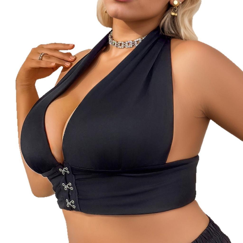 Low-cut Halter Neck Front Clasp Revealing Back Plus Size Comfortable Backless Bra