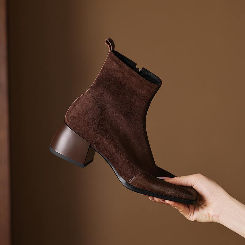 Krazing Pot Sheepskin Flock Winter Square Toe Chunky Heels Chelsea Fashion Boots Women Zip Patch Work Women Ankle Boots
