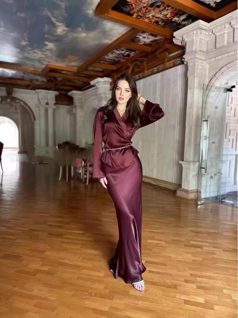 2024 Elegant Satin V-Neck Long-Sleeve Top & A-Line Half Skirt Set