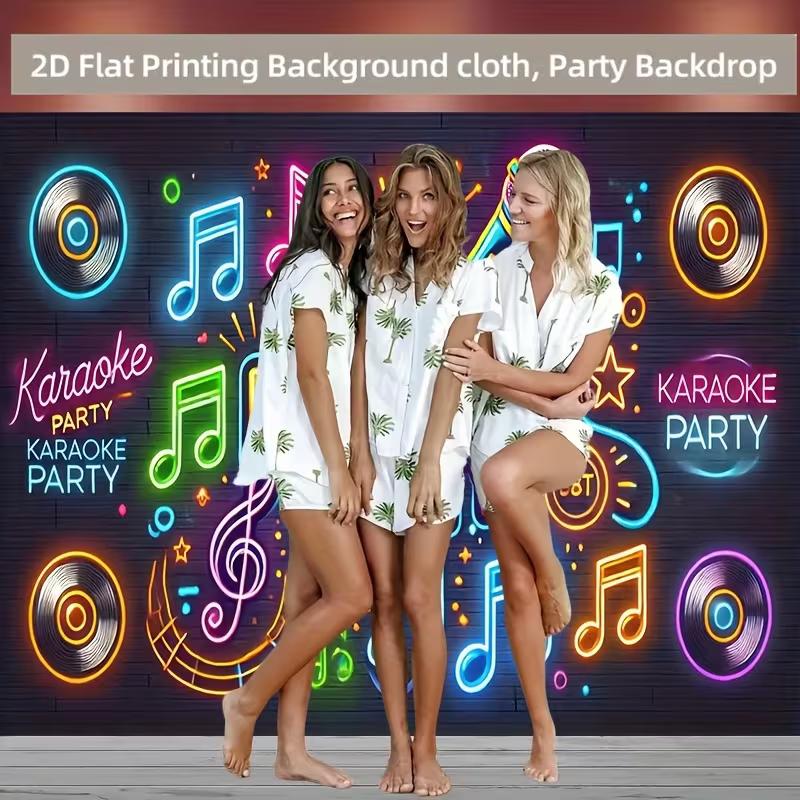 Karaoke Party Photo Booth Background, Neon Microphone & Vinyl Record Backdrop for Themed Events