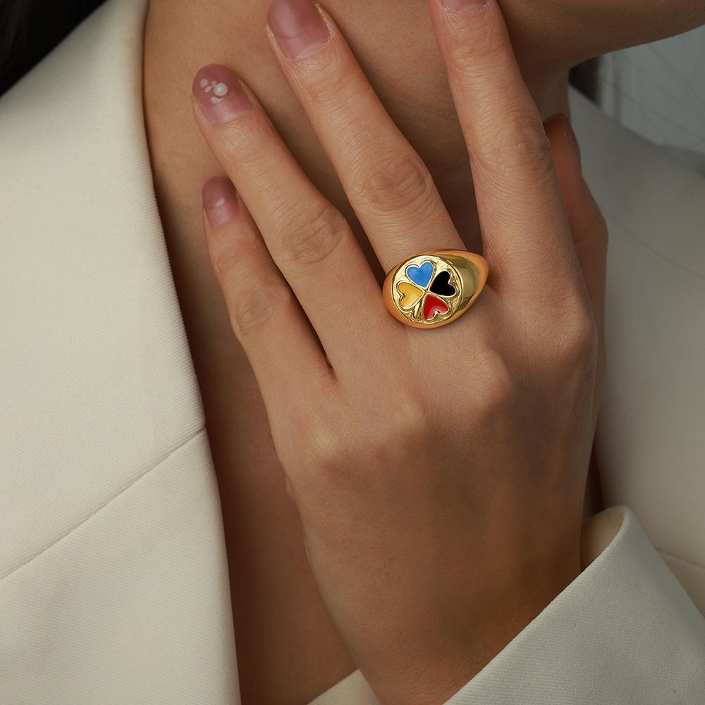 Korean Style Geometric Heart Clover Enamel Ring for Women - Trendy Temperament Design