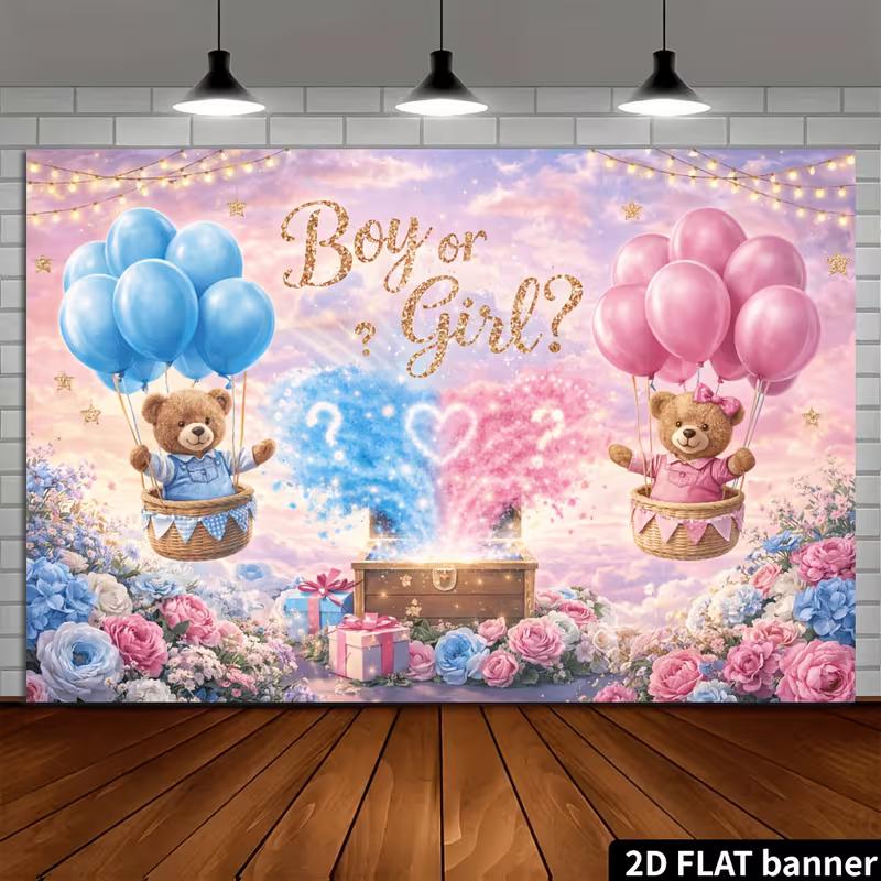 2D Baby Shower Banner Backdrop, 2D Flat Printing Blue Pink Bear Party Background