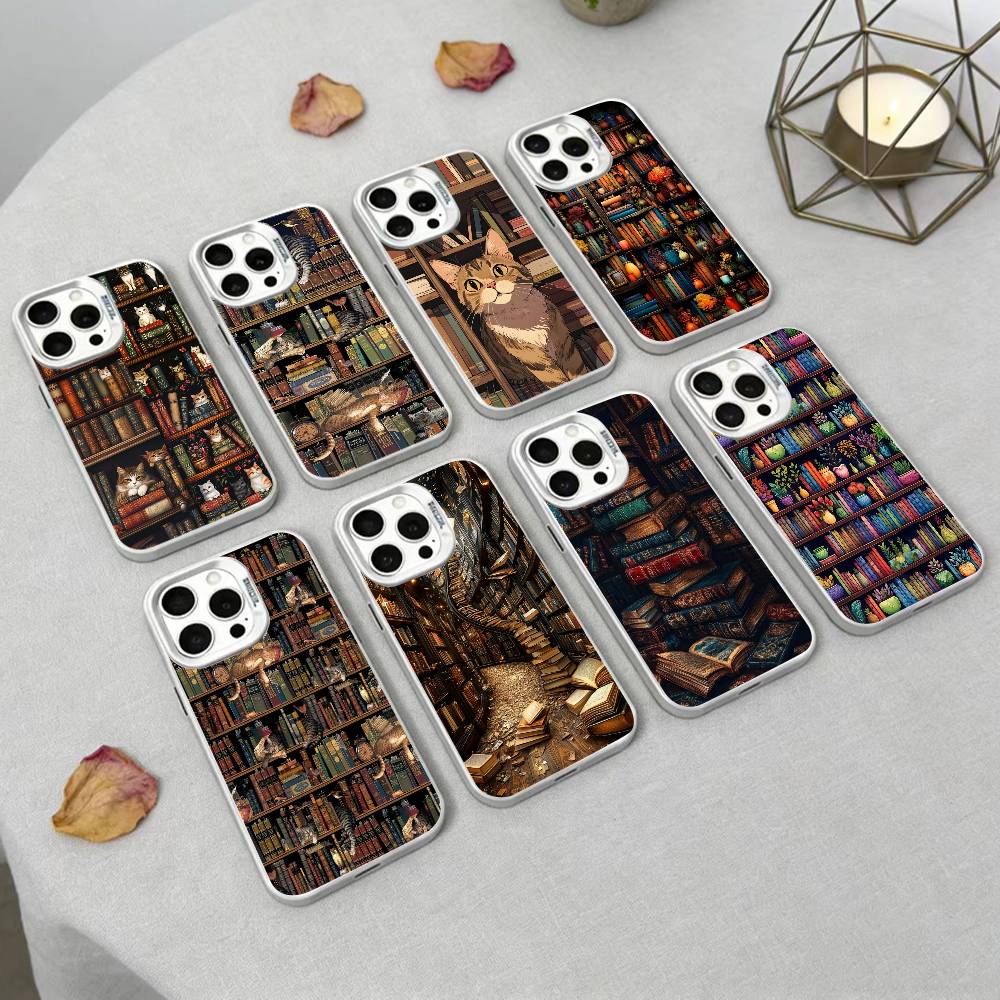 Vintage Bookshelf Kitten Phone Case For iPhone17, 16,15,14,13,12 Pro Max white Candy Matte Shockproof Cover