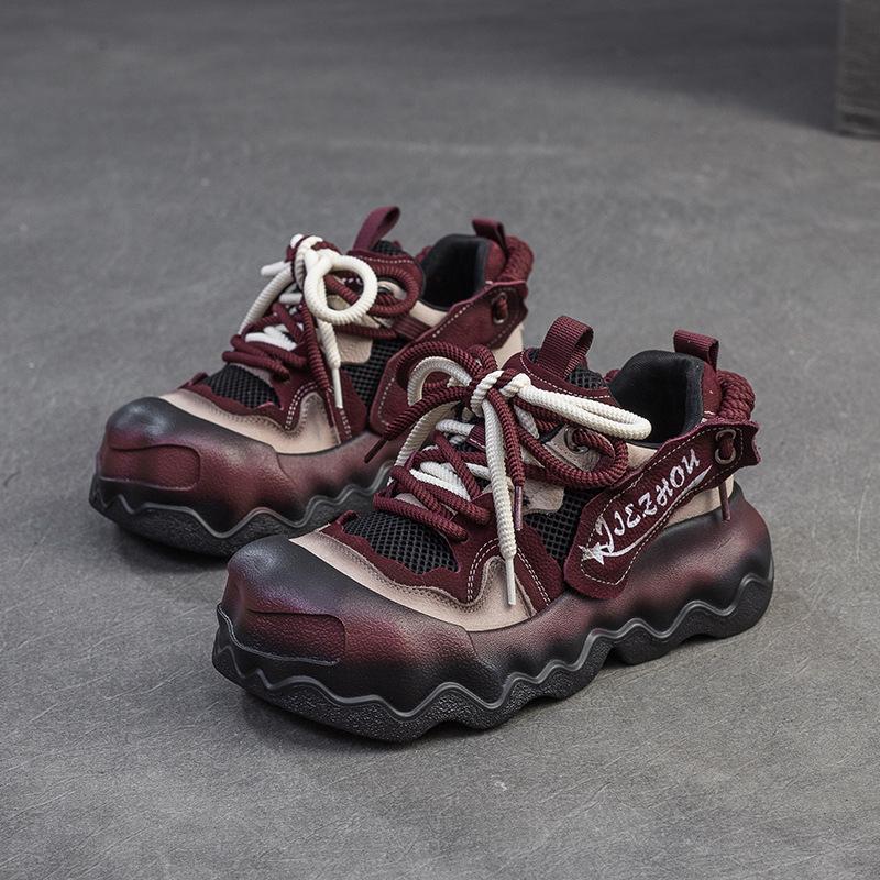 

Fashion Summer Breathable Air Mesh Shoes Mixed Colors Genuine Leather Thick Bottom Height Increasing Wide Head Casual Sneakers 40 вино красного