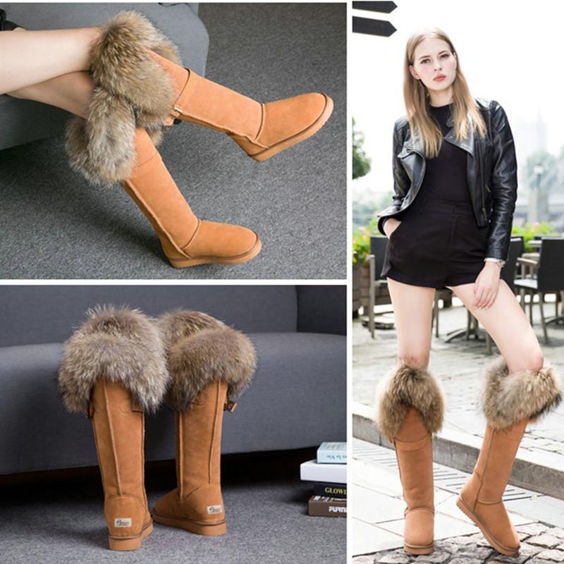 Fashion Fur One Real Fox Hair Over The Knee Boots Inside Elevating Women'S Boots Long Boots Super High Leather Waterproof Snow Boots