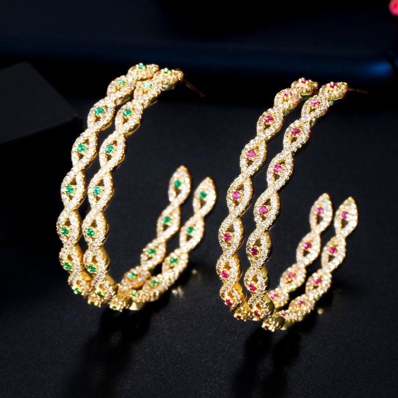 WWJ Glitter Green Zircon Circle Hoop Earrings Golden Color Jewelry
