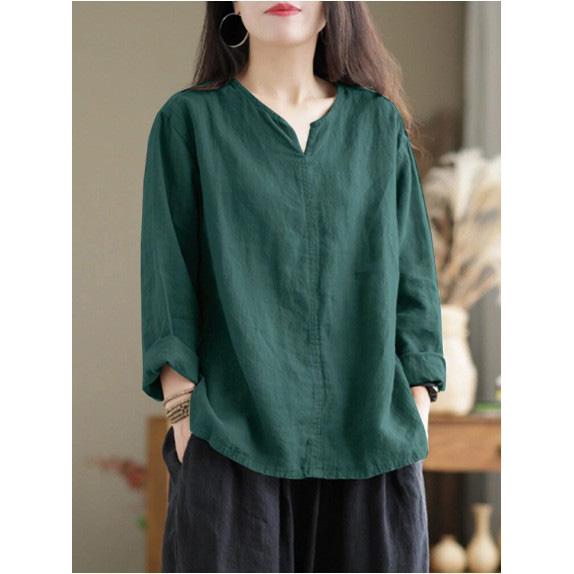 Autumn Women Vintage Cotton Blouse Fashion Solid Loose Shirt Work Tunic Blusas Mujer 2024 Female V Neck Long Sleeve Tops