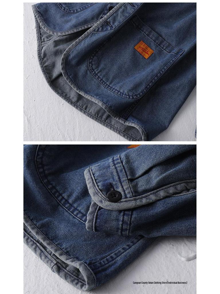 Men's Trendy Japanese Retro Washed Cotton Denim Jacket - Collarless Workwear Style