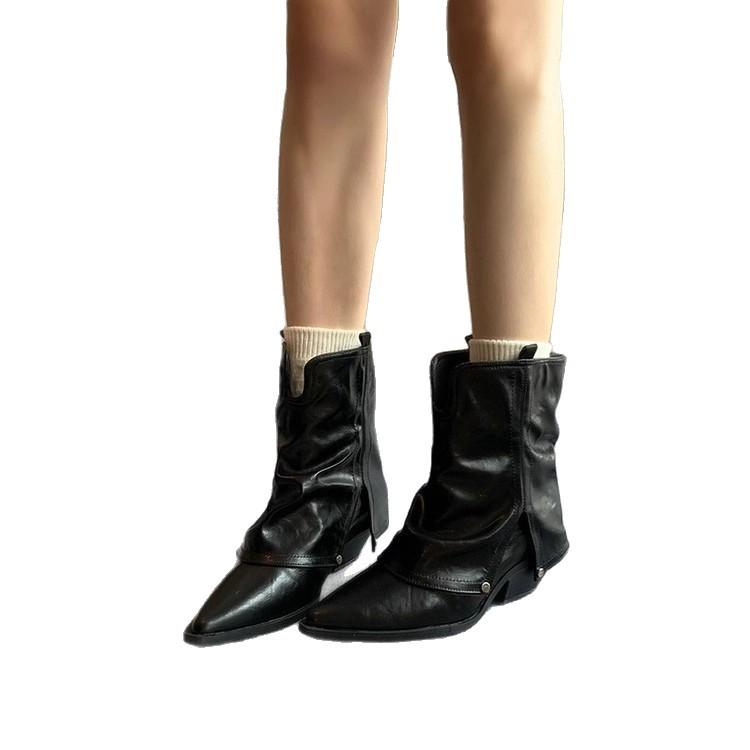 Cowhide version~ V-mouth boots pointed-toed pleated trouser tube boots western cowboy boots high-heeled Martin boots women's thick-heeled short boots