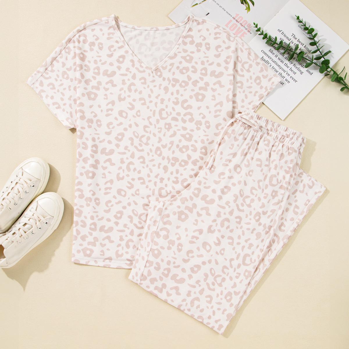 

Комплект женской домашней одежды в европейском и американском стиле - Пижама с коротким рукавом и длинными брюками с альтернативой рукава три четверти Extra Large цветной печати леопарда