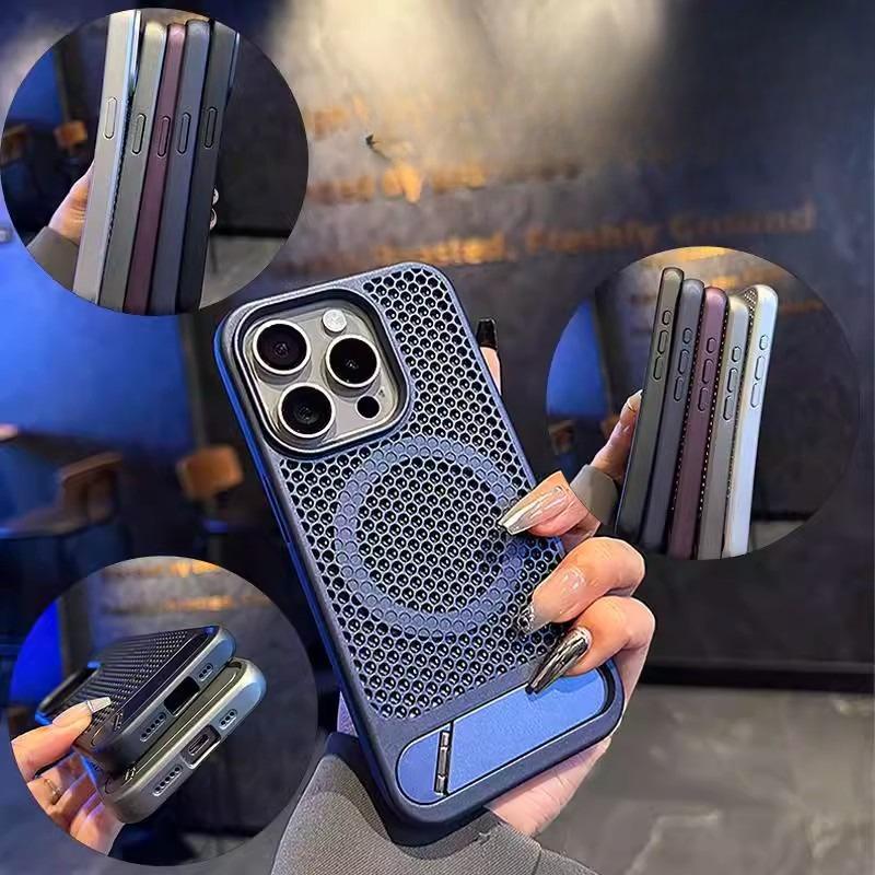 Applicable To IPhone16 Hollow Honeycomb Cooling Mobile Phone Case Apple 15 Promax Magnetic Folding Bracket Protection Case