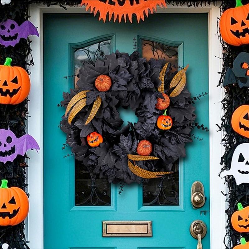 Eerie Season Artificial Black Maple Leaf And Pumpkins Wreath Weather Proof Halloween Door Hanger For Indoor Outdoor Use