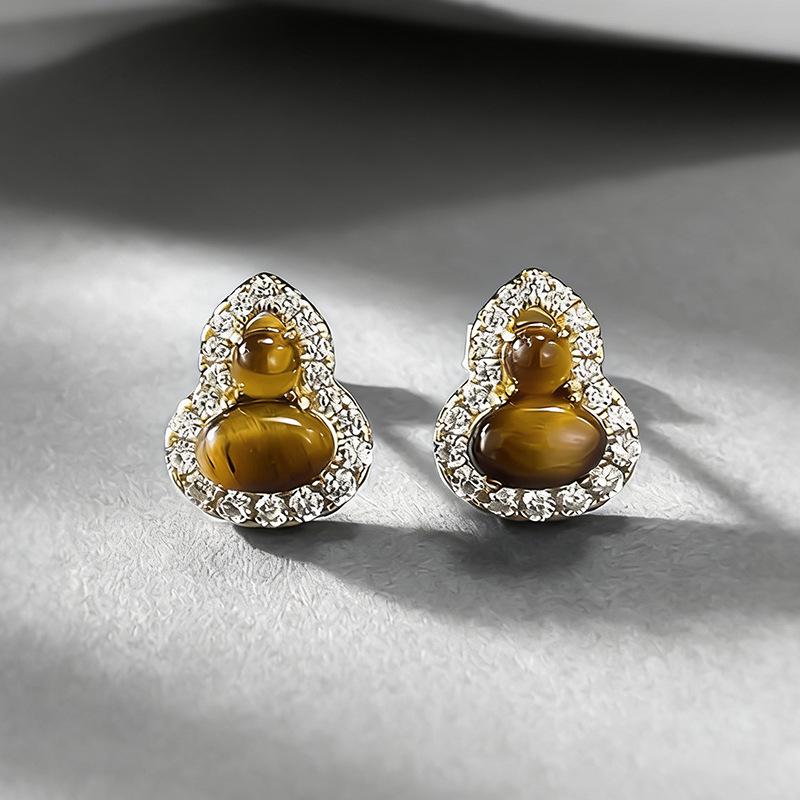 S925 Sterling Silver Tiger s Eye Gourd Stud Earrings - Versatile Everyday Style for Women, 2025 Collection 925 Sterling Silver
