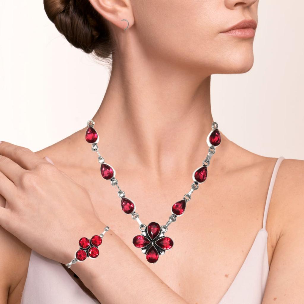 Pink Tourmaline Quartz Gemstone Jewelry Necklace Set 18-20''