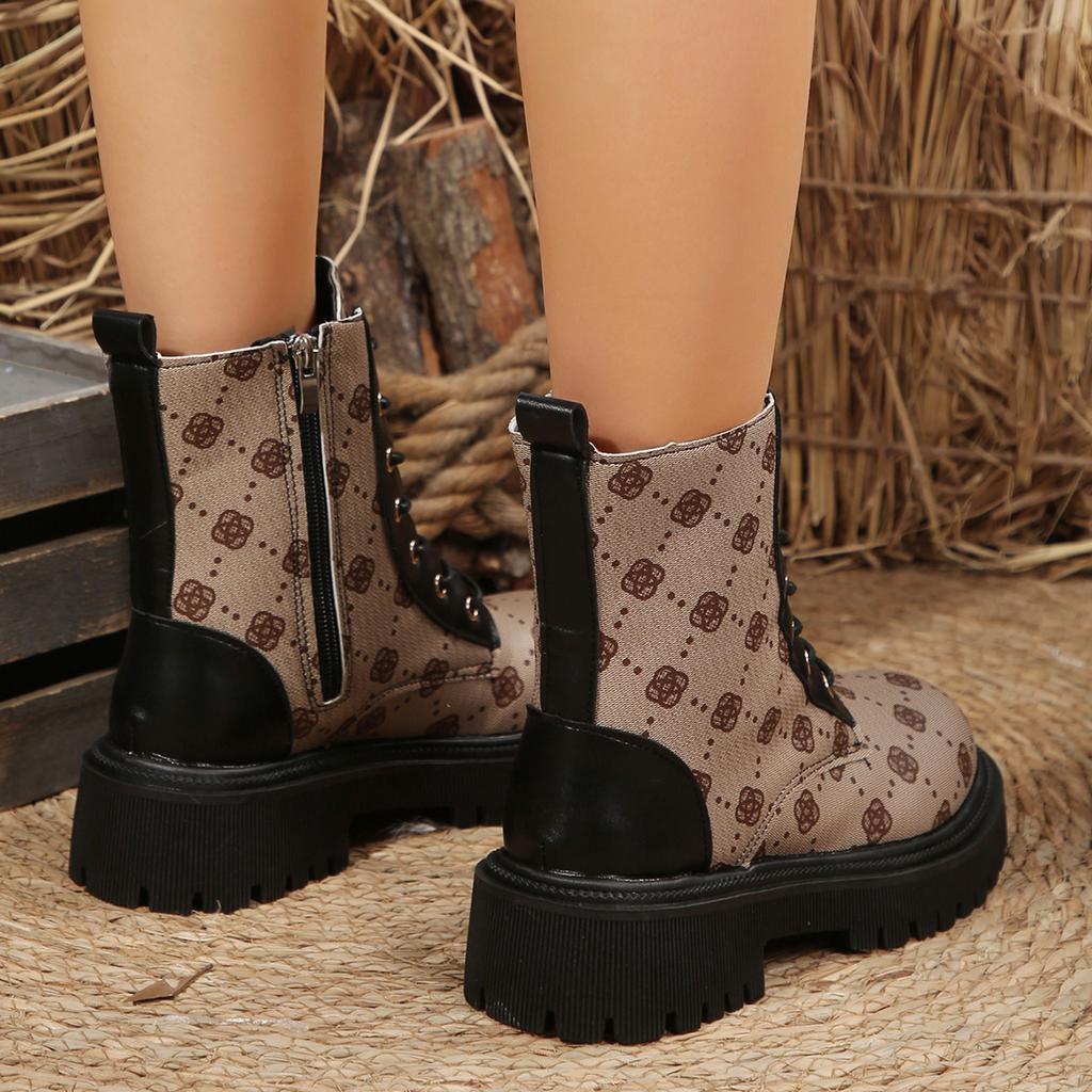 Fashion Brand Design Print Platform Ankle Boots Women Autumn Winter PU Leather Short Boots Woman Non Slip Zipper Combat Booties Female