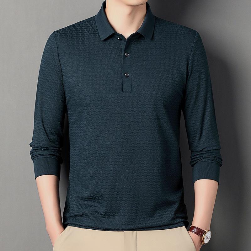 Dress Men'S Business Commuting Casual Jacquard Solid Color Lapel Long-Sleeved T-Shirt Straight Polo Shirt