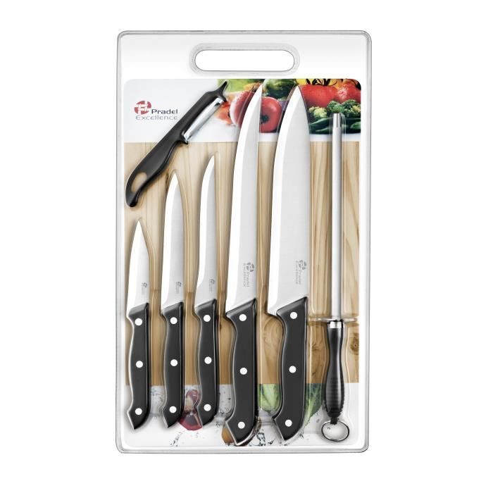 PRADEL EXCELLENCE Planche En Bois Avec 5 Couteaux De Cuisine, Un Fusil Et Un Éplucheur Gris Et Noir