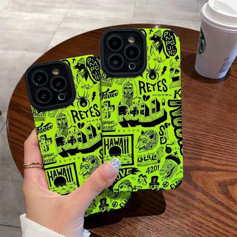 Shockproof Cute Doodle Green Color Pattern Silicone Case For iPhone 11 12 13 14 15 Pro Max Mini 8 7 Plus X XS XR Cartoon Cover