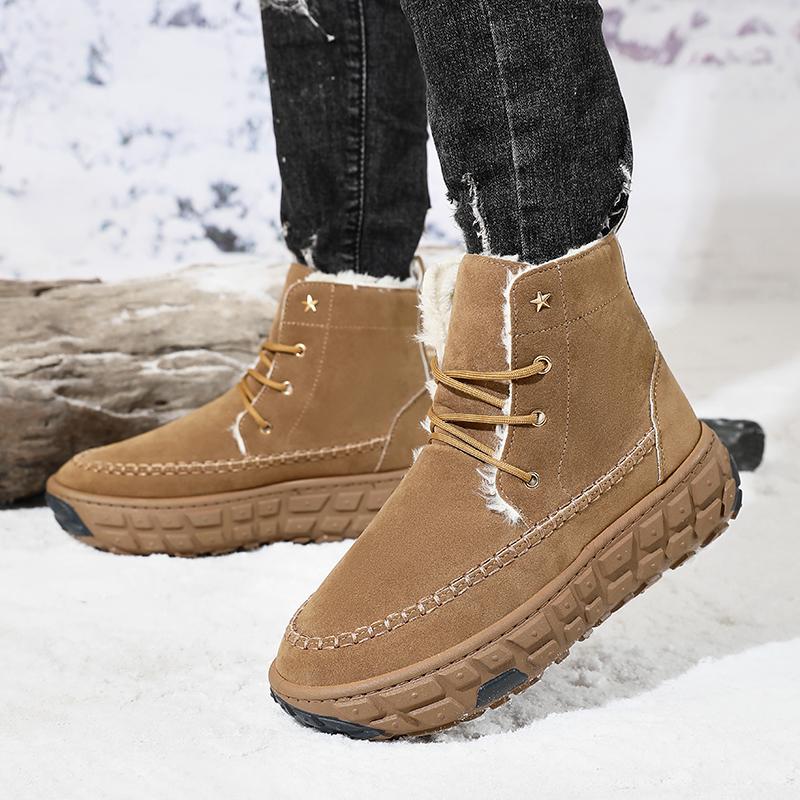 Fashion Golden Sapling High Quality Winter Warm Plush Shoes for Men Outdoor Leisure Flock Leather Snow Boots Lace-up Fashion Ankle Boot