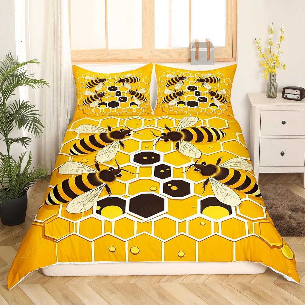 Cute Cartoon Bee Duvet Cover Honeycomb Bedding Set for Kids Boys Girls Honeycomb Hexagon Comforter Cover Wild Animal Quilt Cover