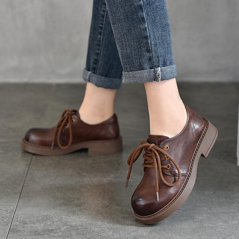 Johnature Low Heel Pumps Genuine Leather Lace-up Versatile Retro British Style Round Toe Women's Shoes