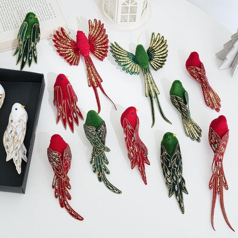 1pair Glitter Finish Christmas Tree Bird Decoration Long Feather Tail Handmade Craft Artificial Bird Ornament Colorful Feathers