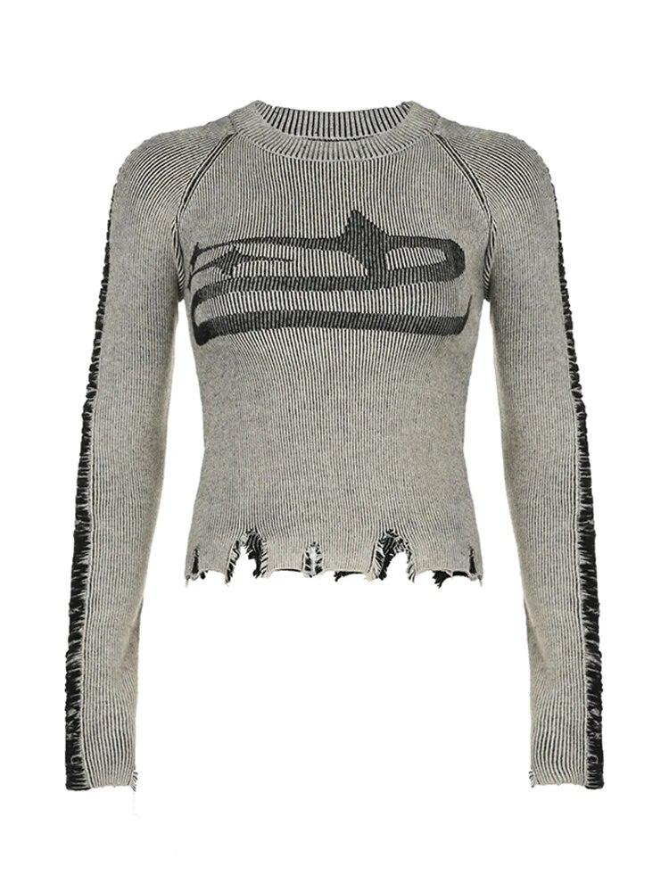 Weekeep Roztrhaný Vintage Svetr Harajuku Patchworkový Potisk Dlouhý Rukáv Svetry pro Ženy Podzim Zima Základní Pulovry Street Style