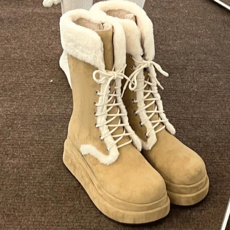 

Fashion Shoes for Women 2024 Fashion Lace Up Women s Boots Winter Round Toe Plush Fleece for Warmth Solid High Tube Platform Boots 40 хаки