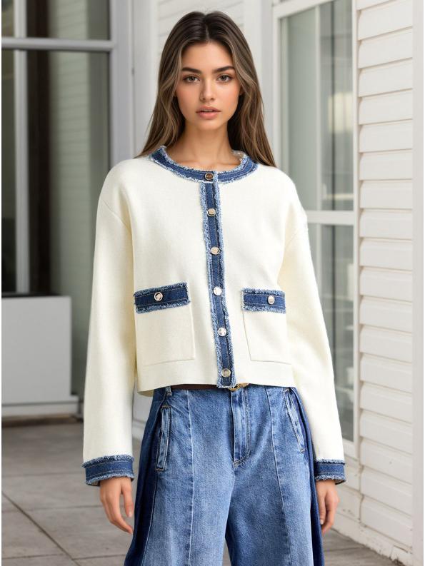 2025 European & American Furry Denim Color Block Long Sleeve Jacket